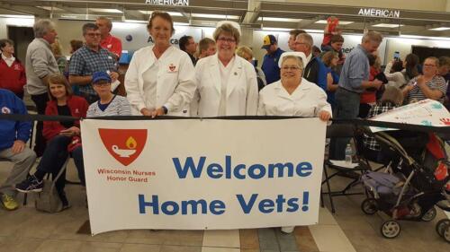 On 9/7/2019 WNHG attended the Badger Honor Flight welcome home event in Madison. WNHG members pictured here are Nurses: Ley, Karasek, Buckmaster, and Kissinger-Wolf. 
